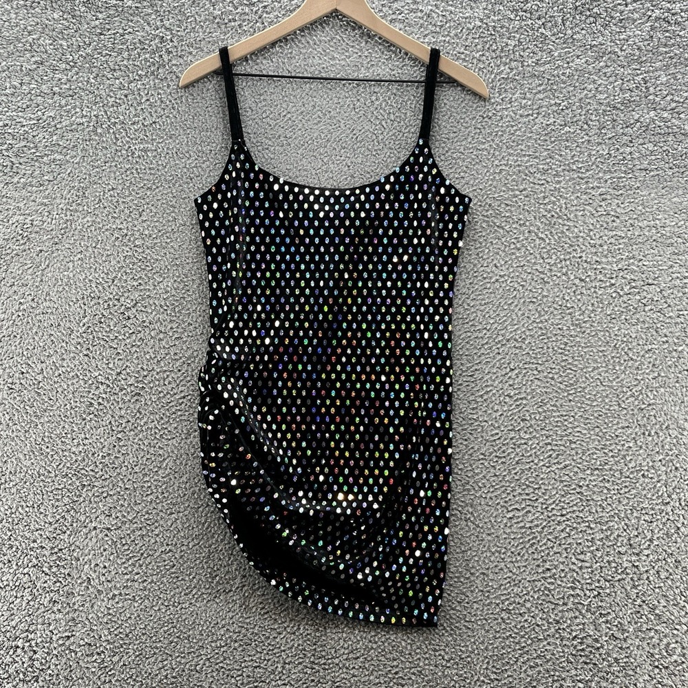 VTG 90s 1001 Nights Top Women Large Black Hologram Dot Side Ruched Tunic Tank